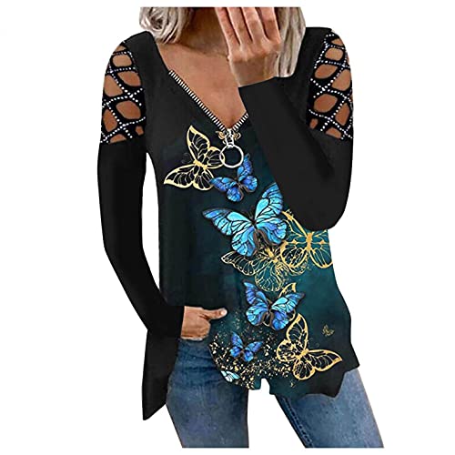 Longshirt Damen Oberteile Elegant Könnte Schultern Tshirt Langarm Bluse Blumen Muster Tunika Shirts Langarmshirt Frühling Herbst Blusentops Lässige Lose Casual T Shirts Große Größen von CCOOfhhc