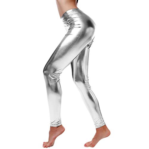 Metallic Leggings Damen Glänzende Hose mit hoher Taille Shiny Leggings im Wet Look für Party Tanz Disco Kostüm Karneval Metallic Leggings Glänzend Glitzer Hose High Waist Shiny PU Hosen Tanzhose von CCOOfhhc