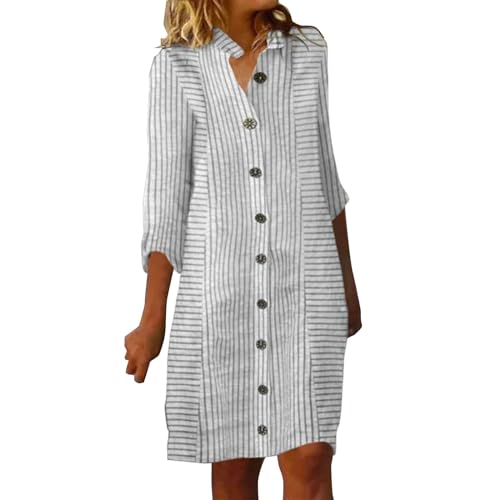 Musselin Kleid Damen Falten Leinen Kleider Revers Style Freizeit Kleid mit Taschen Luftige Sommerkleid Long Knopfleiste Knielang Strandkleid Einfarbig Komfortabel Boho Blusenkleid Sommerkleider von CCOOfhhc