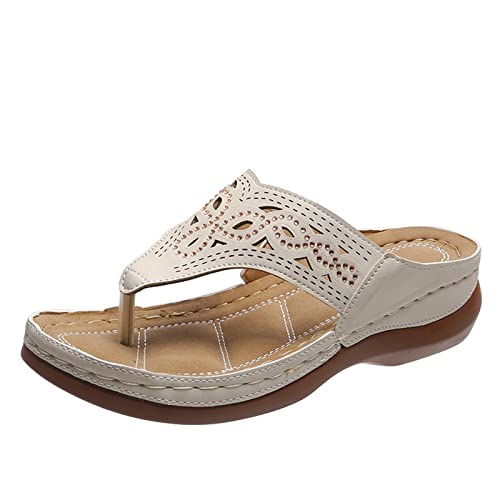 Orthopädische Pantolette Damen, Komfort Boho Strand Leicht Pantoffeln Flip Flops Rutschfest Lässige Slip On Walking Mode Badelatschen Zehentrenner Fußbett PU-Leder Elegant Freizeit Sportsandalen von CCOOfhhc