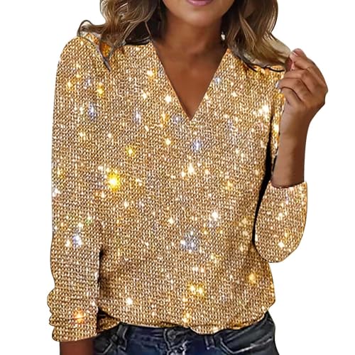 Pailletten Oberteil Damen, Festliche Tops Damen Lässig Outfit Sparkle Langarmshirts V-Ausschnitt mit Glitzer Langarm Shirts Vacation Herbst Winter mit Pailletten Oberteile Damen von CCOOfhhc