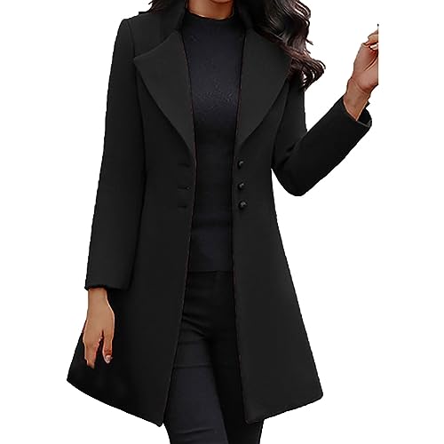 Plüschmantel Damen Lang Winter Revers A-Linien Herbst Wollmantel Locker Windbreaker Einreihiger Übergangsmantel Vintage Mit Taschen Coat Gerade Damenjacke Mit Knöpfen Winddichter von CCOOfhhc