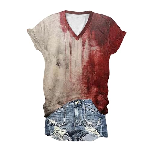 Problem Gelöst Print Halloween T Shirt I'm Fine Blood Kurzarm V-Ausschnitt Halloween Shirt mit Blutigem Bedrucktes Shirts Blut Verletzung Halloween-Kostüm Horror Leicht T-Shirt Tops Oberteil 2024 von CCOOfhhc