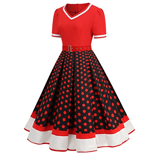 Rockabilly Kleider Damen 50er Jahre Vintage Kurzarm V-Ausschnitt Polka Dot Swing Coctailkleid Hochzeit Festlich Knielang Kleid Gepunktet Rockabilly Vintage Kleid mit Gürtel Partykleid von CCOOfhhc