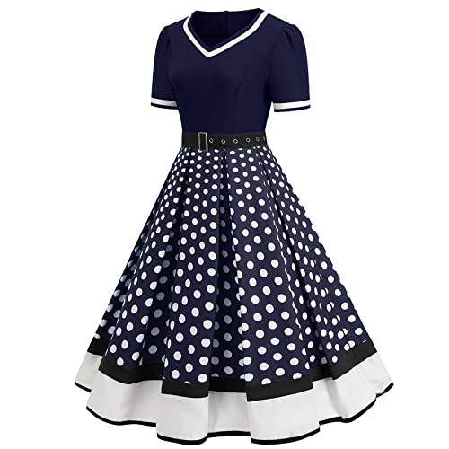 Rockabilly Kleider Damen 50er Jahre Vintage Kurzarm V-Ausschnitt Polka Dot Swing Coctailkleid Hochzeit Festlich Knielang Kleid Gepunktet Rockabilly Vintage Kleid mit Gürtel Partykleid von CCOOfhhc