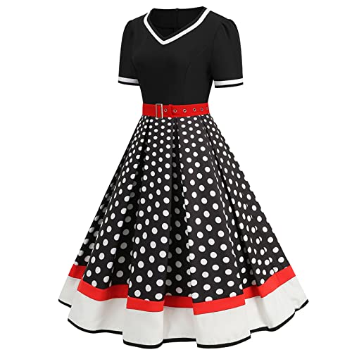 Rockabilly Kleider Damen 50er Jahre Vintage Kurzarm V-Ausschnitt Polka Dot Swing Coctailkleid Hochzeit Festlich Knielang Kleid Gepunktet Rockabilly Vintage Kleid mit Gürtel Partykleid von CCOOfhhc