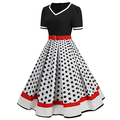 Rockabilly Kleider Damen 50er Jahre Vintage Kurzarm V-Ausschnitt Polka Dot Swing Coctailkleid Hochzeit Festlich Knielang Kleid Gepunktet Rockabilly Vintage Kleid mit Gürtel Partykleid von CCOOfhhc