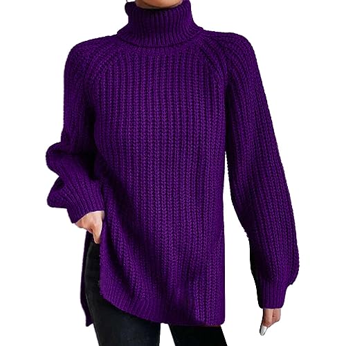 Rollkragenpullover Damen Bunt Gestreift Langarm Warm Grobstrickpulli Strickpullover Stehkragen Ballon Jumper Warmer Leichter Rollkragenpulli Oberteile Cable Knit Casual Strickpulli Weiß Oversize von CCOOfhhc