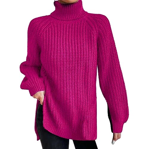 Rollkragenpullover Damen Bunt Gestreift Langarm Warm Grobstrickpulli Strickpullover Stehkragen Ballon Jumper Warmer Leichter Rollkragenpulli Oberteile Cable Knit Casual Strickpulli Weiß Oversize von CCOOfhhc