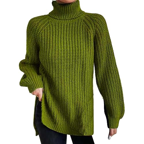 Rollkragenpullover Damen Bunt Gestreift Langarm Warm Grobstrickpulli Strickpullover Stehkragen Ballon Jumper Warmer Leichter Rollkragenpulli Oberteile Cable Knit Casual Strickpulli Weiß Oversize von CCOOfhhc