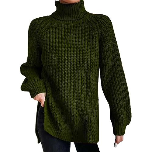 Rollkragenpullover Damen Bunt Gestreift Langarm Warm Grobstrickpulli Strickpullover Stehkragen Ballon Jumper Warmer Leichter Rollkragenpulli Oberteile Cable Knit Casual Strickpulli Weiß Oversize von CCOOfhhc