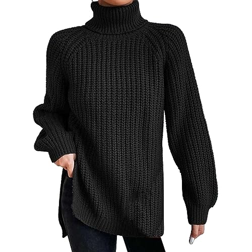 Rollkragenpullover Damen Bunt Gestreift Langarm Warm Grobstrickpulli Strickpullover Stehkragen Ballon Jumper Warmer Leichter Rollkragenpulli Oberteile Cable Knit Casual Strickpulli Weiß Oversize von CCOOfhhc