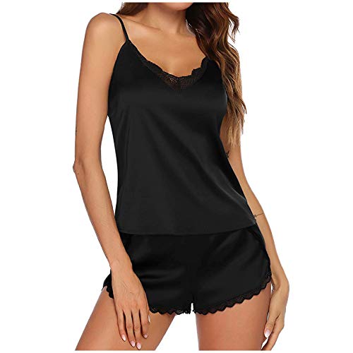 Satin Hausanzug Damen Satin Sommer Schlafanzug Pyjama 2-Teilig kurzer Nachtwäsche Einfarbig Verstellbaren Trägern Hausanzug Sexy V-Ausschnitt Reizwäsche Sleepwear Hose und Tops Elegant Negligee von CCOOfhhc