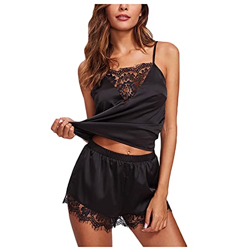 Satin Hausanzug Damen Satin Sommer Schlafanzug Pyjama 2-Teilig kurzer Nachtwäsche Einfarbig Verstellbaren Trägern Hausanzug Sexy V-Ausschnitt Reizwäsche Sleepwear Hose und Tops Elegant Negligee von CCOOfhhc