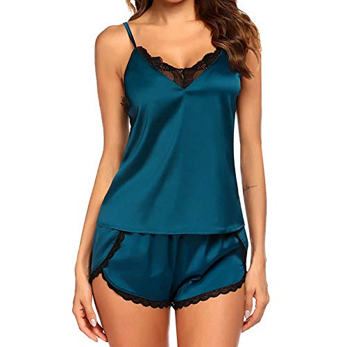 Satin Hausanzug Damen Satin Sommer Schlafanzug Pyjama 2-Teilig kurzer Nachtwäsche Einfarbig Verstellbaren Trägern Hausanzug Sexy V-Ausschnitt Reizwäsche Sleepwear Hose und Tops Elegant Negligee von CCOOfhhc