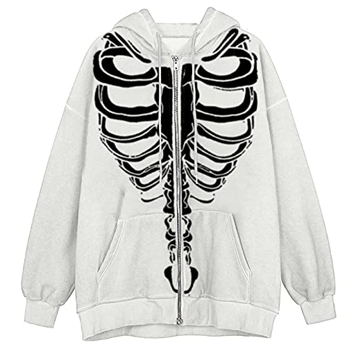 Skellet Hoodie Zip Up Langarm Oversize Sweatjacke mit Kapuze Full Zip Damenjacke Hoodie Herbst Gothic Skellet Drucken Kapuzenjacke Mode Streetwear Y2K E-Girl Sweatshirt Sweatjacke von CCOOfhhc