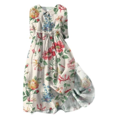 Sommerkleid Damen Elegant Festlich Leicht Vintage Rundhals Midi Blumenkleid Partykleid Midilang Elegant Sommer A Linie Blumendruck Boho Kleider Maxikleid Ärmelloses A-Line Kleid Wickelkleid Swing von CCOOfhhc