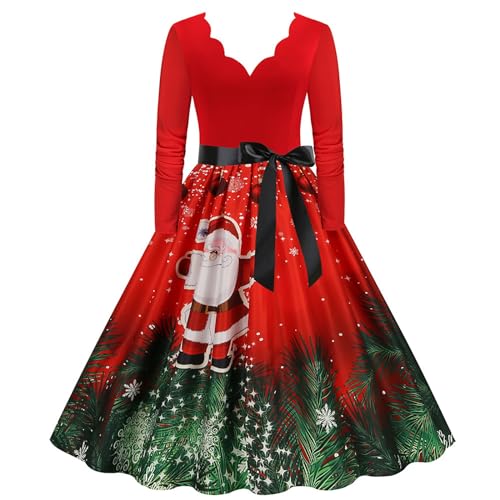 Weihnachtskleider Damen Weihnachten Kleider Langarm Weihnachtskleid Vintage Hepburn Cocktailkleid Weihnachten Druck Partykleid A-Linie Swing Kleid Dress für Frauen von CCOOfhhc