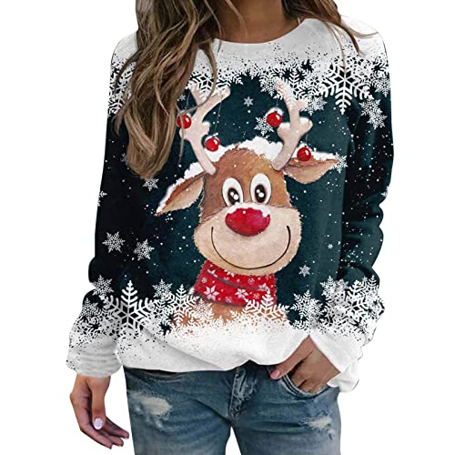 Weihnachtsshirt Damen - Winter Lustige Sweatshirt Frauen Langarmshirt Lose Bluse Tops Langarm Pullover Große Größe Festliche Oberteile Pulli Mode Rudolph Rentier Elfe Leichte Weihnachtspullover von CCOOfhhc