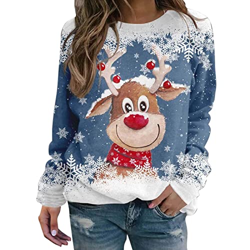 Weihnachtsshirt Damen - Winter Lustige Sweatshirt Frauen Langarmshirt Lose Bluse Tops Langarm Pullover Große Größe Festliche Oberteile Pulli Mode Rudolph Rentier Elfe Leichte Weihnachtspullover von CCOOfhhc