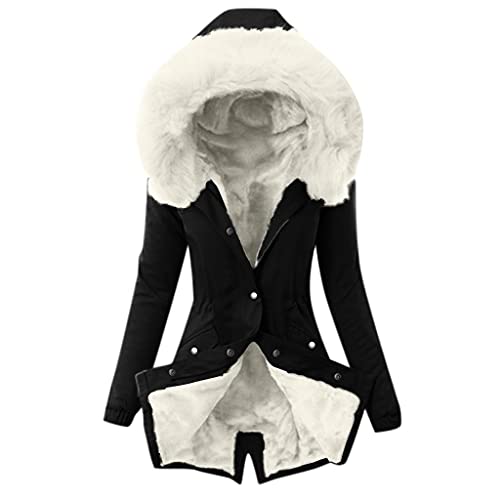 Winter Mantel für Frauen Lang Gefüttert Winterjacke Einfarbig Elegant Übergangsjacke Dicker Warm Wintermantel Reißverschluss Winterparka mit Kapuze Windbreaker Langarm Softshell Jacke Steppjacke von CCOOfhhc