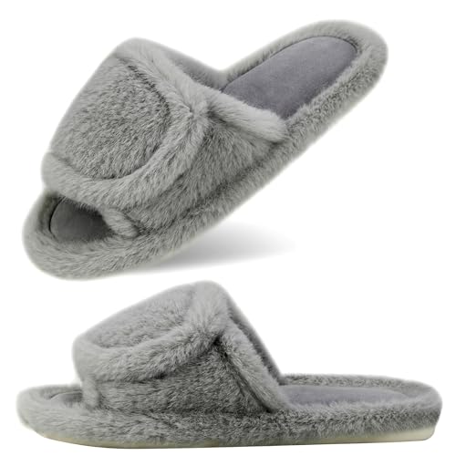 CCSOFTIME Hausschuhe Damen Plüsch Weite Weich Flauschige Pantoffeln Slipper Winter Warme Offene Memory Foam Pantoletten mit Klett für Diabetiker Indoor Outdoor,Grau Gr.40/41 von CCSOFTIME