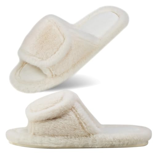 CCSOFTIME Hausschuhe Damen Plüsch Weite Weich Flauschige Pantoffeln Slipper Winter Warme Offene Memory Foam Pantoletten mit Klett für Diabetiker Indoor Outdoor,Weiß Gr.36/37 von CCSOFTIME