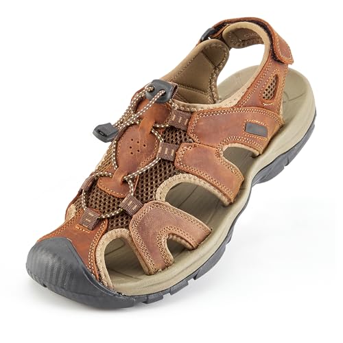 CCSOFTIME Outdoorsandalen Herren Sport Sandalen Geschlossene Trekkingsandalen Sommer Wandersschuhe Männer Strand Wasser Fischer Atmungsaktive Leder Sandaletten,Braun Größe 41EU von CCSOFTIME