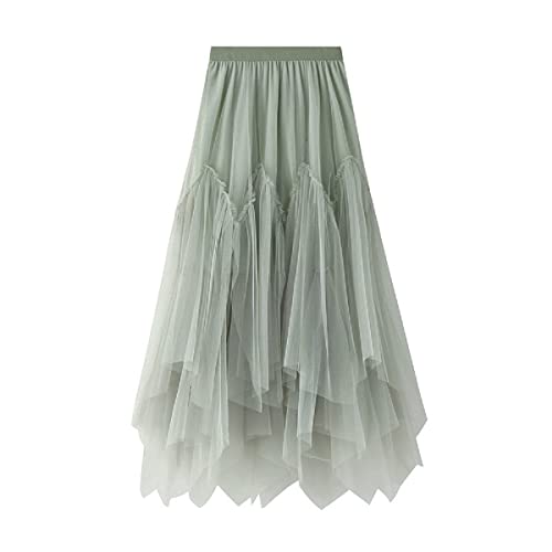 CCSYUS Damen Tüll Rock Gestuftes Layered Mesh Faltenrock Hohe Taille Ballett Abschlussball Party Tüll Tutu A-Linie Midi Vintage Casual Asymmetrisch Rock, grün, Einheitsgröße von CCSYUS