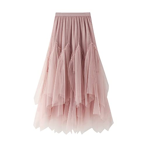 CCSYUS Damen Tüll Rock Gestuftes Layered Mesh Faltenrock Hohe Taille Ballett Abschlussball Party Tüll Tutu A-Linie Midi Vintage Casual Asymmetrisch Rock, rose, Einheitsgröße von CCSYUS