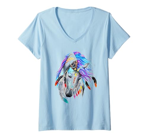 Damen Windpferd Indianer Stammes Indianer Kunst T-Shirt mit V-Ausschnitt Damen Windpferd Indianer Stammes Indianer Kunst T-Shirt mit V-Ausschnitt von CCXLVIII Awesome TT100