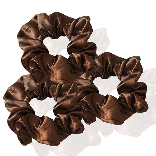 3 Stück Scrunchies Seide dicke Haargummi Seide Hair Bun Elastische Haargummi Weiche Schlaf-Haargummis Satin Scrunchie Zopfgummis Haarbänder Mädchen Satin Haargummi-dunkelbraun-12CM von CCYXFB