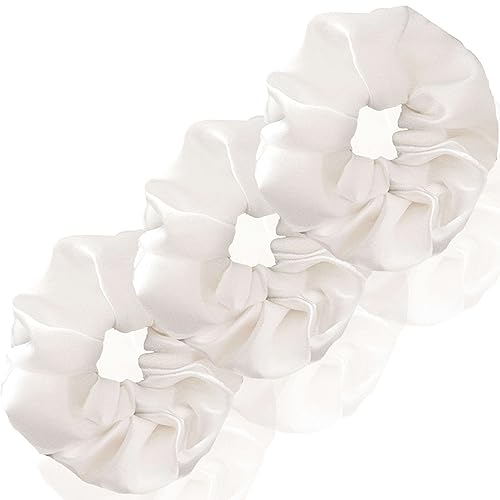 3 Stück Scrunchies Seide dicke Haargummi Seide Hair Bun Elastische Haargummi Weiche Schlaf-Haargummis Satin Scrunchie Zopfgummis Haarbänder Mädchen Satin Haargummi-weiß-3 count von CCYXFB