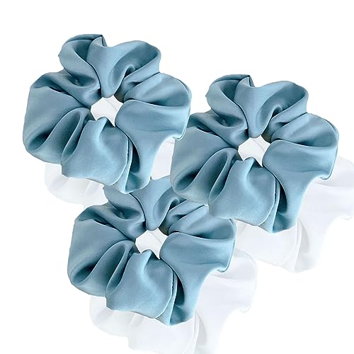 3 Stück Scrunchies Seide dicke Haargummi Seide Hair Bun Elastische Haargummi Weiche Schlaf-Haargummis Satin Scrunchie Zopfgummis Haarbänder Mädchen Satin Haargummi-blau-15CM von CCYXFB