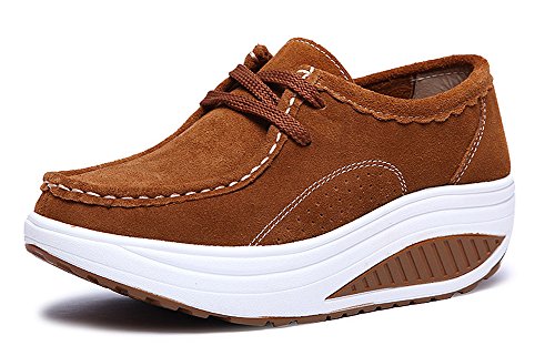 CCZZ Damen Wildleder Abnehmen Walkingschuhe Plateau Loafers Keilabsatz Schnürer Sneakers Winter Warm Wedges Freizeitschuhe Shape-up Fitnessschuhe von CCZZ