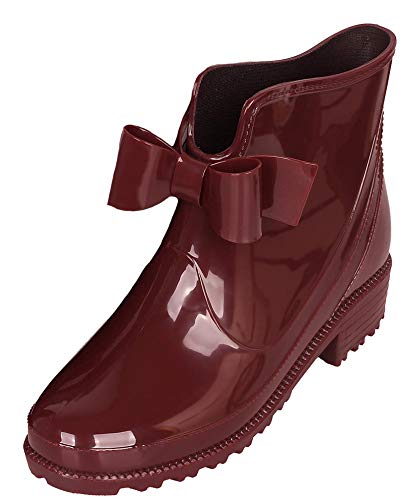 Damen Gummistiefelette Kurze Gummistiefel Reitstiefelette Regenstiefelette, Bogenknoten Weinrot, Gr.- 35 EU/ Etikettengröße- 36 von CCZZ