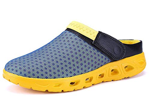 CELANDA Pantoffeln Unisex Clogs Atmungsaktiv Mesh Hausschuhe Sommer Strand Sandalen rutschfest Badeschuhe Gartenschuhe Slip-On Aqua Schuhe für Herren Damen Blau Gelb Größe: 42 EU von CELANDA