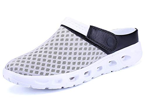 CELANDA Pantoffeln Unisex Clogs Atmungsaktiv Mesh Hausschuhe Sommer Strand Sandalen rutschfest Badeschuhe Gartenschuhe Slip-On Aqua Schuhe für Herren Damen Grau Weiß Größe: 45 EU von CELANDA