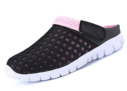 CELANDA Pantoffeln Unisex Clogs Atmungsaktiv Mesh Hausschuhe Sommer Strand Sandalen rutschfest Badeschuhe Gartenschuhe Slip-On Aqua Schuhe für Herren Damen Schwarz Pink Größe: 39 EU von CELANDA