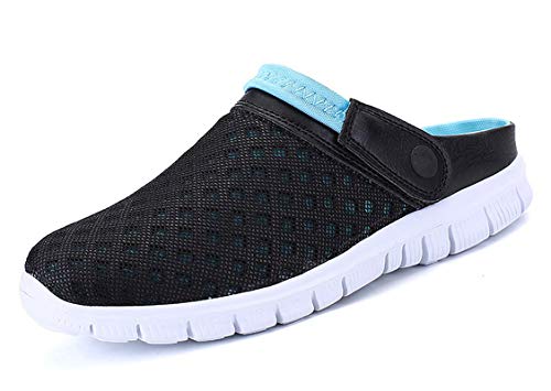 CELANDA Pantoffeln Unisex Clogs Atmungsaktiv Mesh Hausschuhe Sommer Strand Sandalen rutschfest Badeschuhe Gartenschuhe Slip-On Aqua Schuhe für Herren Damen Schwarz Blau Größe: 40 EU von CELANDA