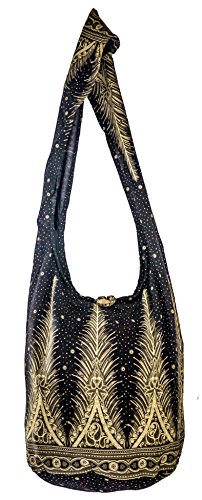CCcollections Umhängetasche aus Baumwolle, große Boho-Hippie-Hobo-Handtasche mit 40 Drucken – Unisex-Umhängetasche (Black Feather) von CCcollections