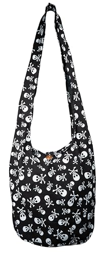 CCcollections Umhängetasche aus Baumwolle, große Boho-Hippie-Hobo-Handtasche mit 40 Drucken – Unisex-Umhängetasche (Skull Black) von CCcollections