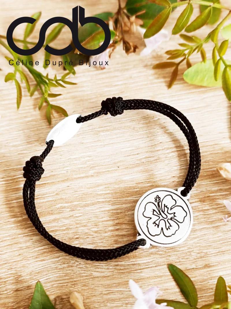 Hibiskus-Armband - Ø18 Mm Verstellbar 925Er Silber-Zinn Geflochtene Kordel Ihrer Wahl von CDBFRANCE