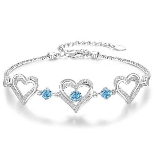 CDE Armband Damen 925 Sterling Silber Herz Rosegold Geschenk für Sie Geburtsstein Armbänder Frauen Schmuck Weihnachten Valentinstag Geburtstags Muttertags (Platin - März, Kupfer) von CDE