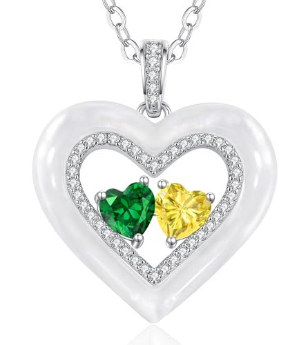 CDE Kette Damen Shell Doppel Herz Halskette Sterling Silber 925 Geburtsstein Halsketten mit Anhänger Schmuck Valentinstag Liebes Geschenk für Sie Muttertag Geburtstag Weihnachten Geschenke für Frauen von CDE