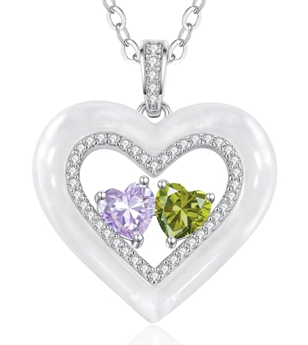 CDE Kette Damen Shell Doppel Herz Halskette Sterling Silber 925 Geburtsstein Halsketten mit Anhänger Schmuck Valentinstag Liebes Geschenk für Sie Muttertag Geburtstag Weihnachten Geschenke für Frauen von CDE