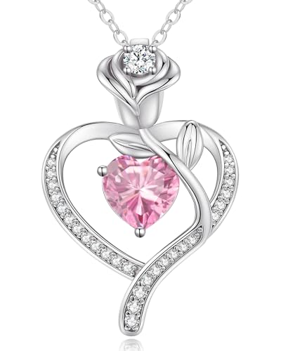 CDE Halskette Damen Rosegold Herz Kette Sterling Silber 925 Geburtsstein Geschenke für Frauen mit Anhänger Schmuck Geburtstag Weihnachten Valentinstag Muttertag Mama (Silber-10-Okt) von CDE
