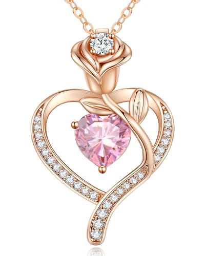 CDE Halskette Damen Rosegold Herz Kette Sterling Silber 925 Geburtsstein Halsketten für Frauen mit Anhänger Schmuck Muttertag Valentinstag Geburtstag Weihnachten Geschenke (Rosegold-10) von CDE