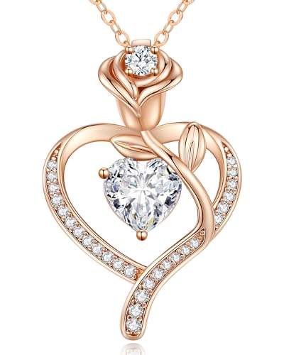 CDE Halskette Damen Rosegold Herz Kette Sterling Silber 925 Geburtsstein Halsketten für Frauen mit Anhänger Schmuck Muttertag Valentinstag Geburtstag Weihnachten Geschenke (Rosegold-04) von CDE