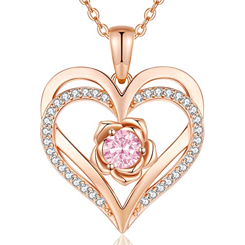 CDE Kette Damen Rosegold Herz Halskette Sterling Silber 925 Geburtsstein Halsketten für Frauen mit Anhänger Schmuck Valentinstag Geschenke für Sie Muttertag Geburtstag Weihnachten für Frauen Mama von CDE